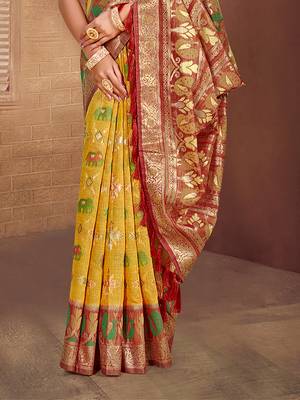 yellow cottan silk blend with meena woven work traditional saree 3
