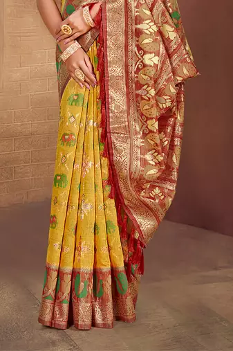 yellow cottan silk blend with meena woven work traditional saree