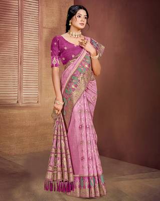 light pink cottan silk blend with meena woven work traditional saree 1