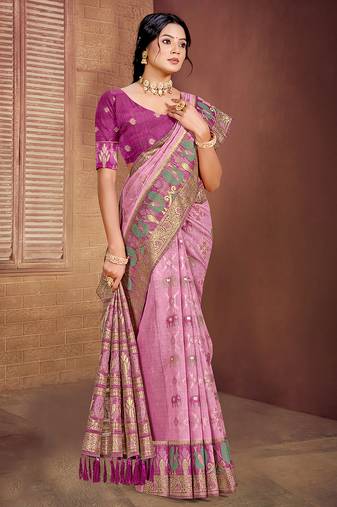 light pink cottan silk blend with meena woven work traditional saree