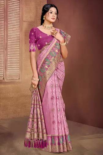 light pink cottan silk blend with meena woven work traditional saree