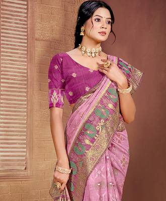 light pink cottan silk blend with meena woven work traditional saree 2