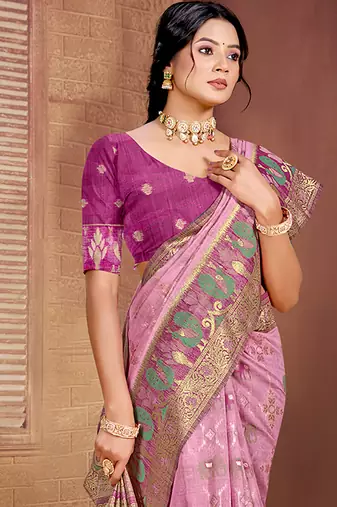 light pink cottan silk blend with meena woven work traditional saree