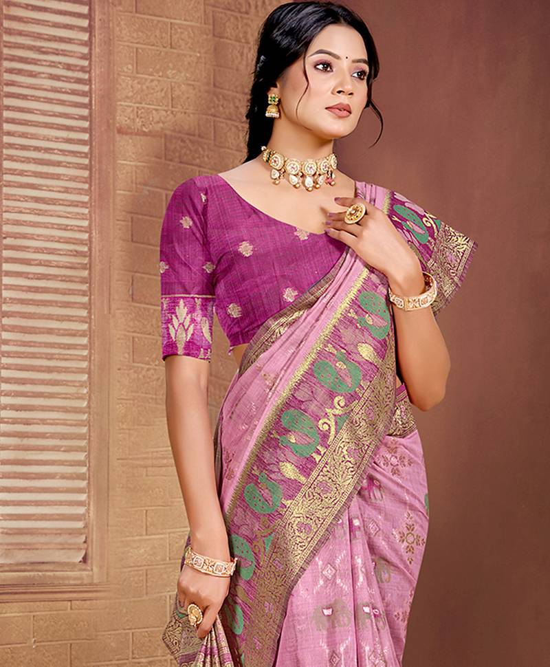 light pink cottan silk blend with meena woven work traditional saree