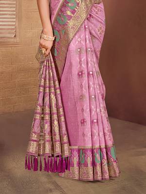 light pink cottan silk blend with meena woven work traditional saree 3