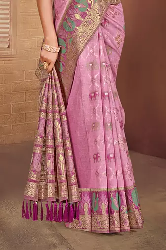 light pink cottan silk blend with meena woven work traditional saree