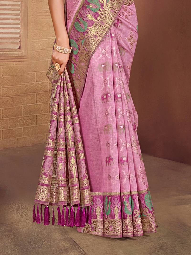 light pink cottan silk blend with meena woven work traditional saree