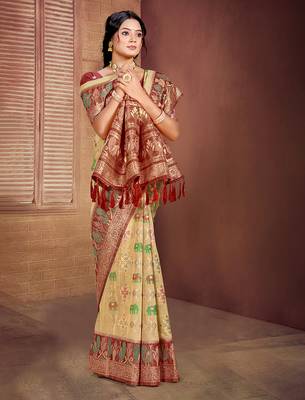 beige cottan silk blend with meena woven work traditional saree 1