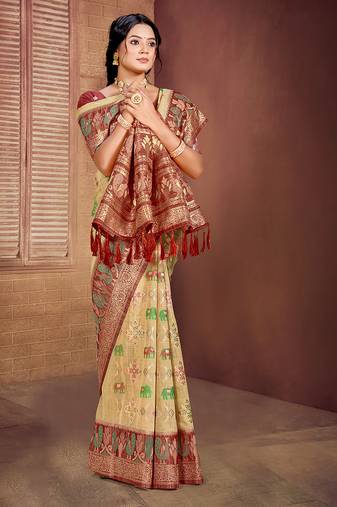beige cottan silk blend with meena woven work traditional saree