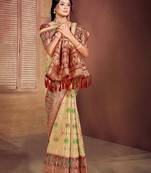 beige cottan silk blend with meena woven work traditional saree