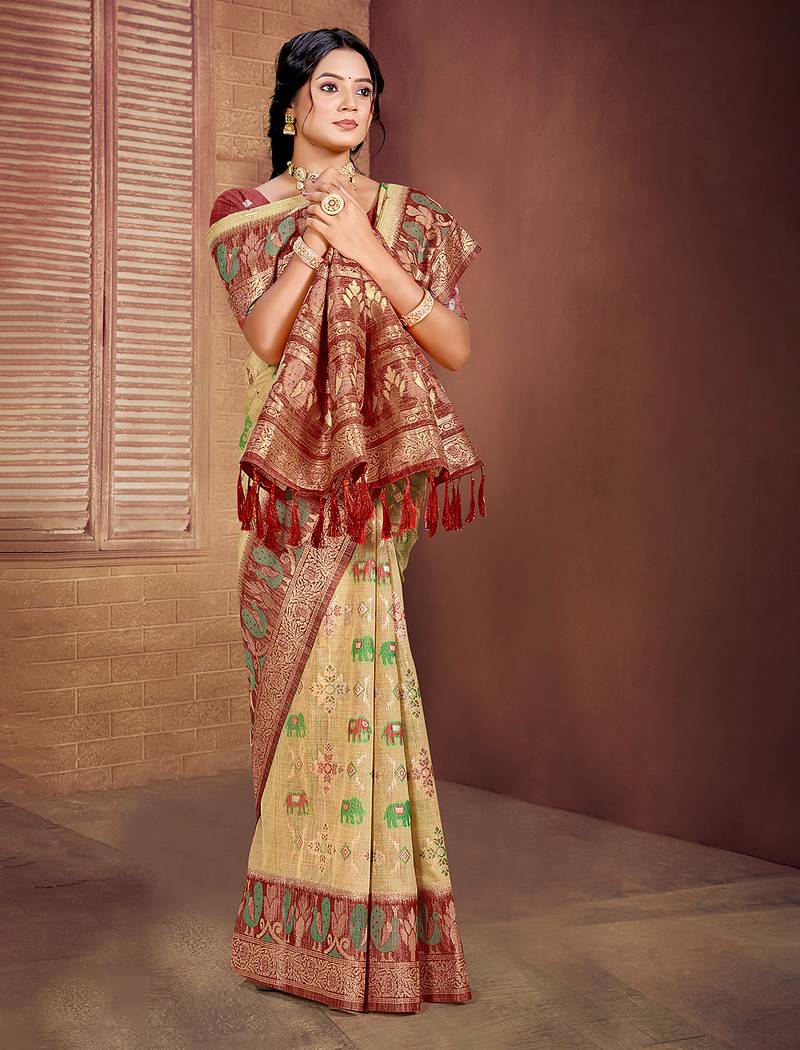 beige cottan silk blend with meena woven work traditional saree