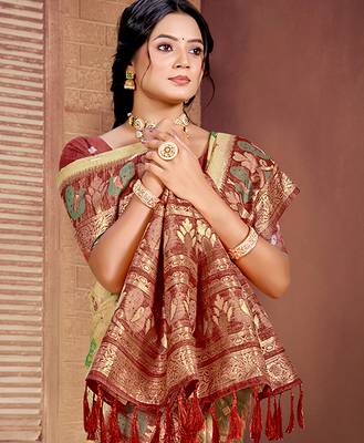 beige cottan silk blend with meena woven work traditional saree 2