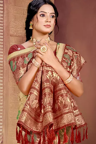 beige cottan silk blend with meena woven work traditional saree