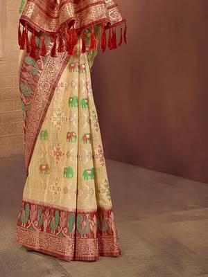 beige cottan silk blend with meena woven work traditional saree 3
