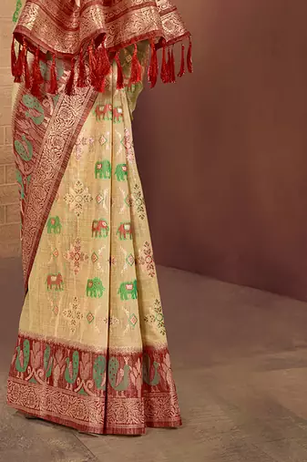 beige cottan silk blend with meena woven work traditional saree