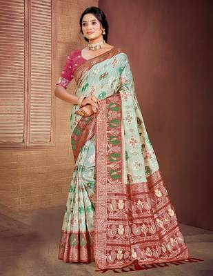 aqua blue cottan silk blend with meena woven work traditional saree 1