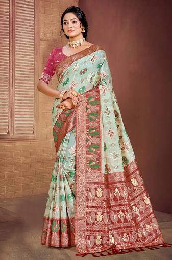aqua blue cottan silk blend with meena woven work traditional saree