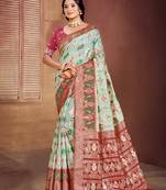 aqua blue cottan silk blend with meena woven work traditional saree