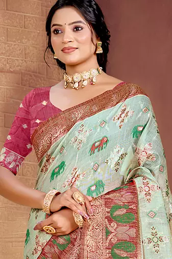 aqua blue cottan silk blend with meena woven work traditional saree