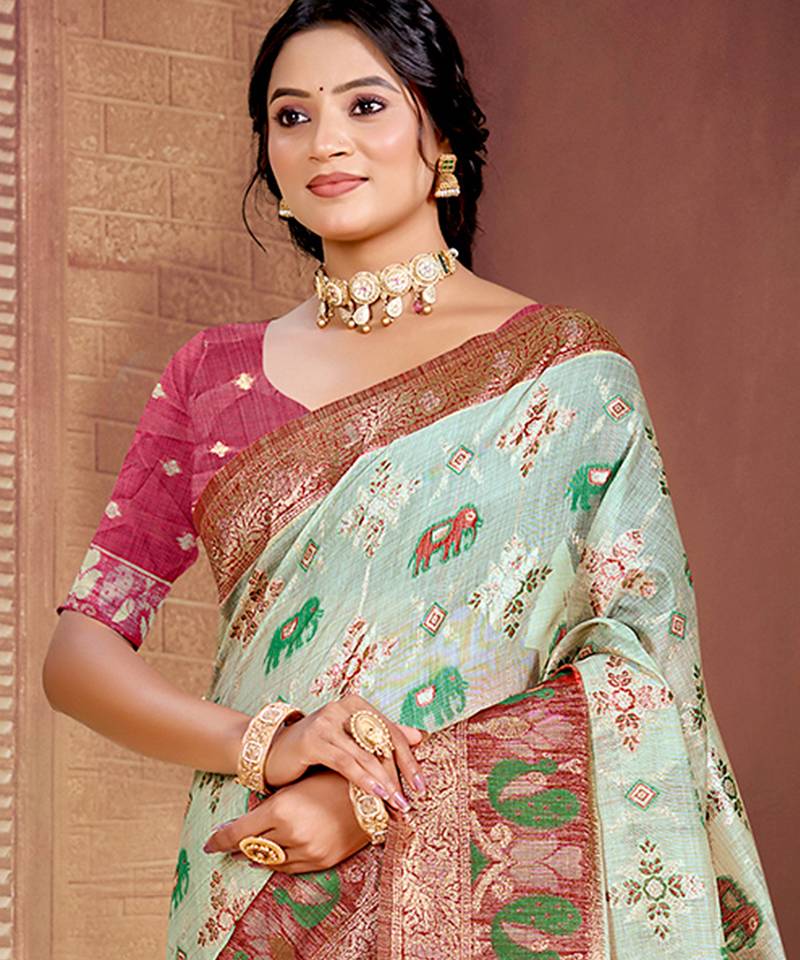 aqua blue cottan silk blend with meena woven work traditional saree