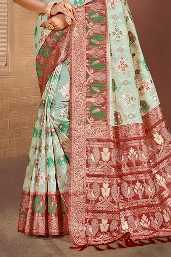 aqua blue cottan silk blend with meena woven work traditional saree