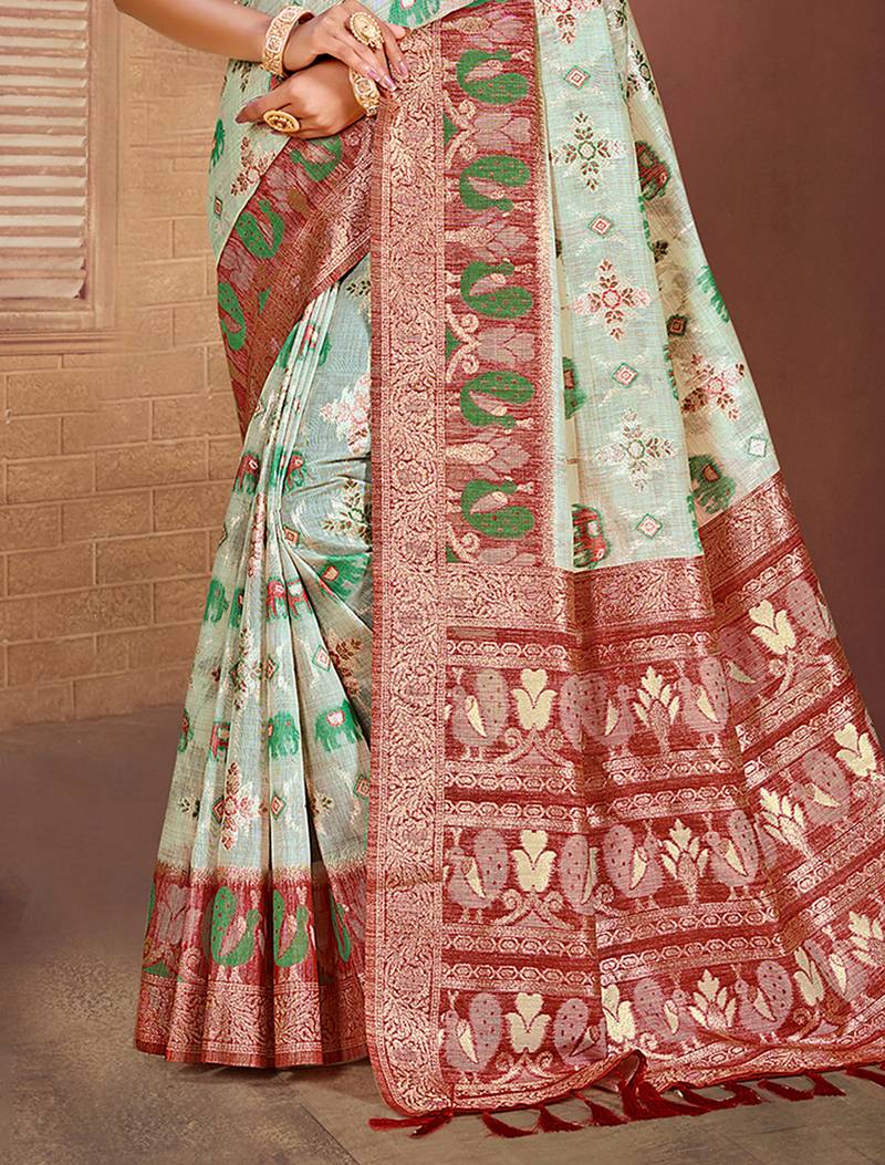 aqua blue cottan silk blend with meena woven work traditional saree