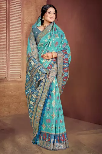 sky blue cottan silk blend with meena woven work traditional saree