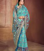 sky blue cottan silk blend with meena woven work traditional saree