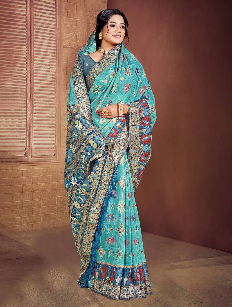 sky blue cottan silk blend with meena woven work traditional saree