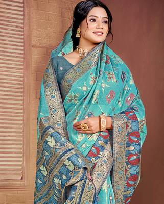 sky blue cottan silk blend with meena woven work traditional saree 2