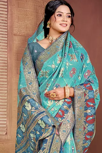 sky blue cottan silk blend with meena woven work traditional saree