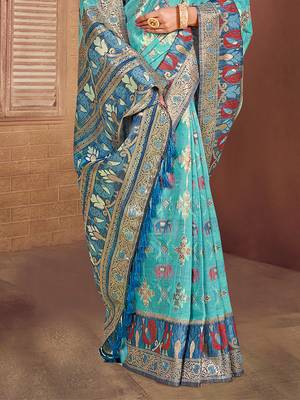 sky blue cottan silk blend with meena woven work traditional saree 3