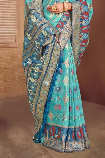 sky blue cottan silk blend with meena woven work traditional saree
