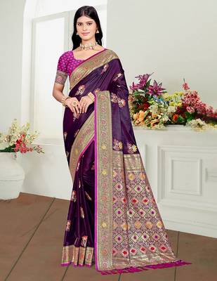 purple satin silk blend woven work traditional saree 1