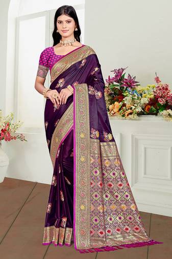 purple satin silk blend woven work traditional saree