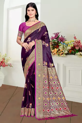purple satin silk blend woven work traditional saree