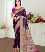 purple satin silk blend woven work traditional saree