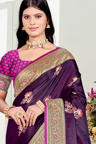 purple satin silk blend woven work traditional saree