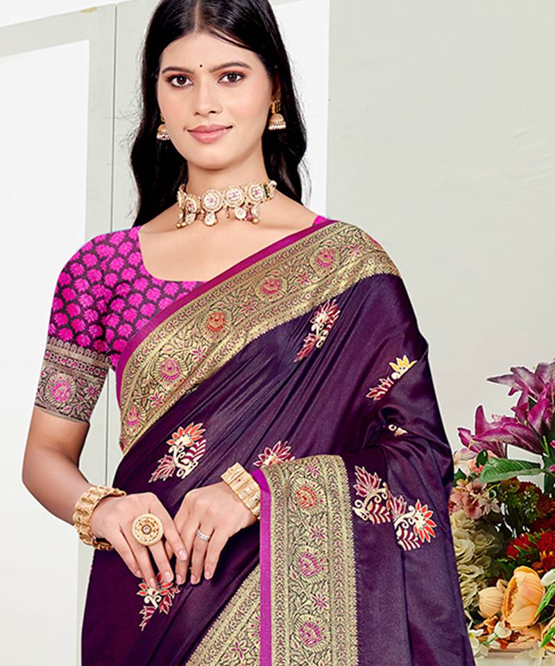 purple satin silk blend woven work traditional saree