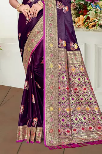 purple satin silk blend woven work traditional saree