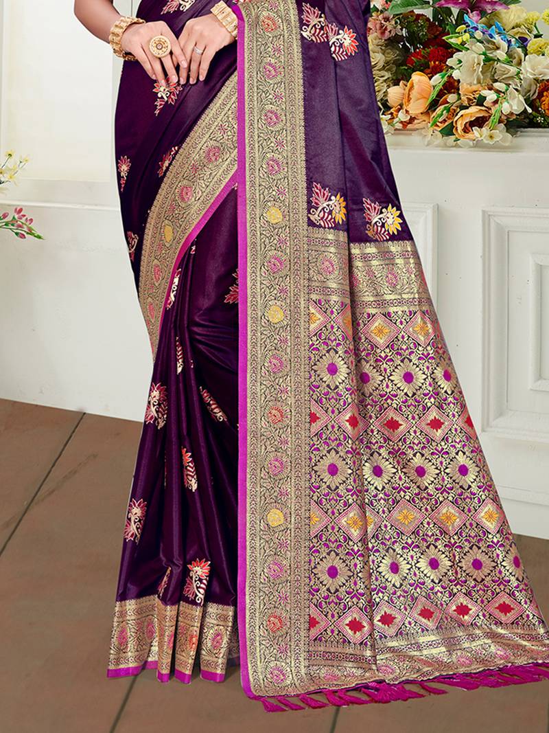purple satin silk blend woven work traditional saree