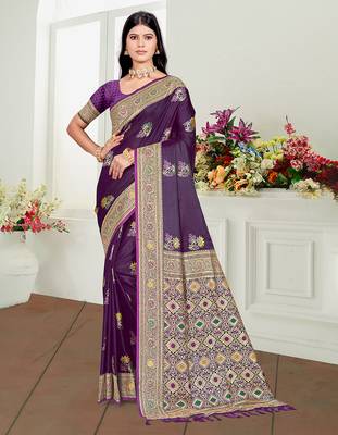 violet   satin silk blend woven work traditional saree 1