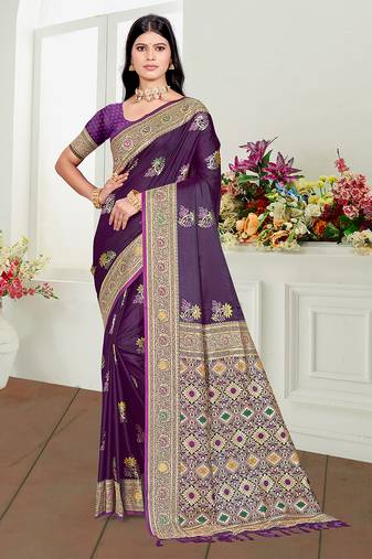 violet  satin silk blend woven work traditional saree