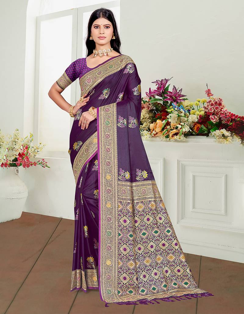 violet  satin silk blend woven work traditional saree