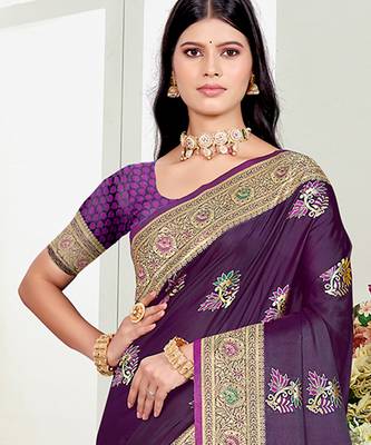 violet   satin silk blend woven work traditional saree 2