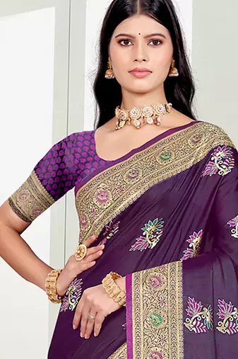 violet   satin silk blend woven work traditional saree