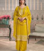Yellow color viscose chiniya silk fabric ethnic embroidered salwar kameez