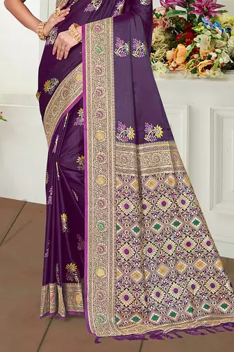 violet   satin silk blend woven work traditional saree