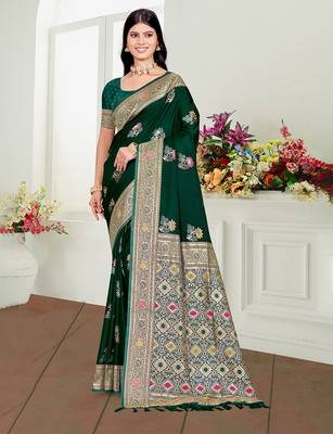 green satin silk blend woven work traditional saree 1