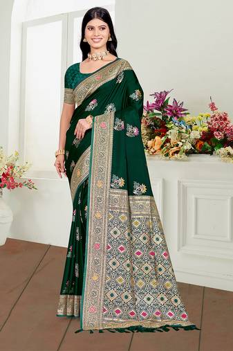 green satin silk blend woven work traditional saree